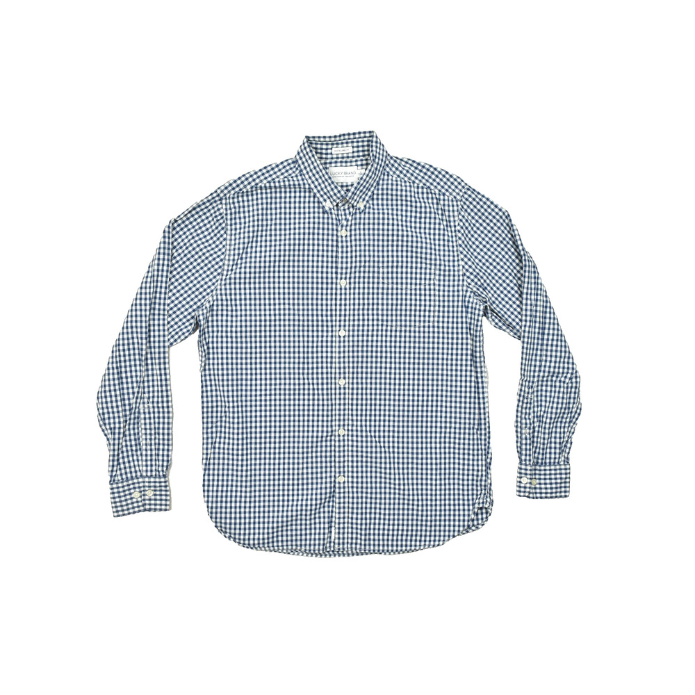 Lucky Brand White Label Fit Men's Size L Blue White Gingham Check Button Down Sh